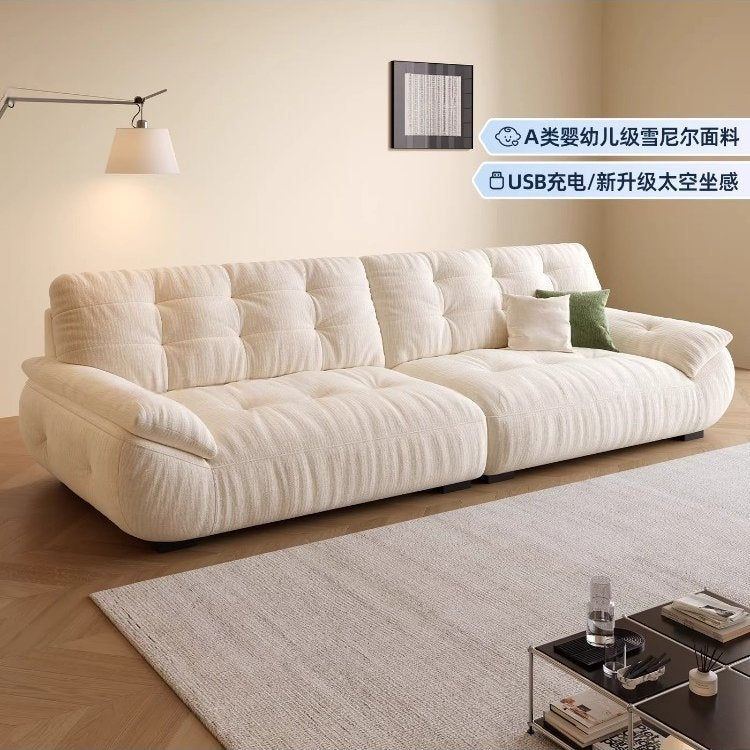 Cat-scratch Resistant Upholstered Sofa for Living Room, Cream Style, Detachable and Washable, Space Cloud Functional Chenille Cotton Linen Sofa