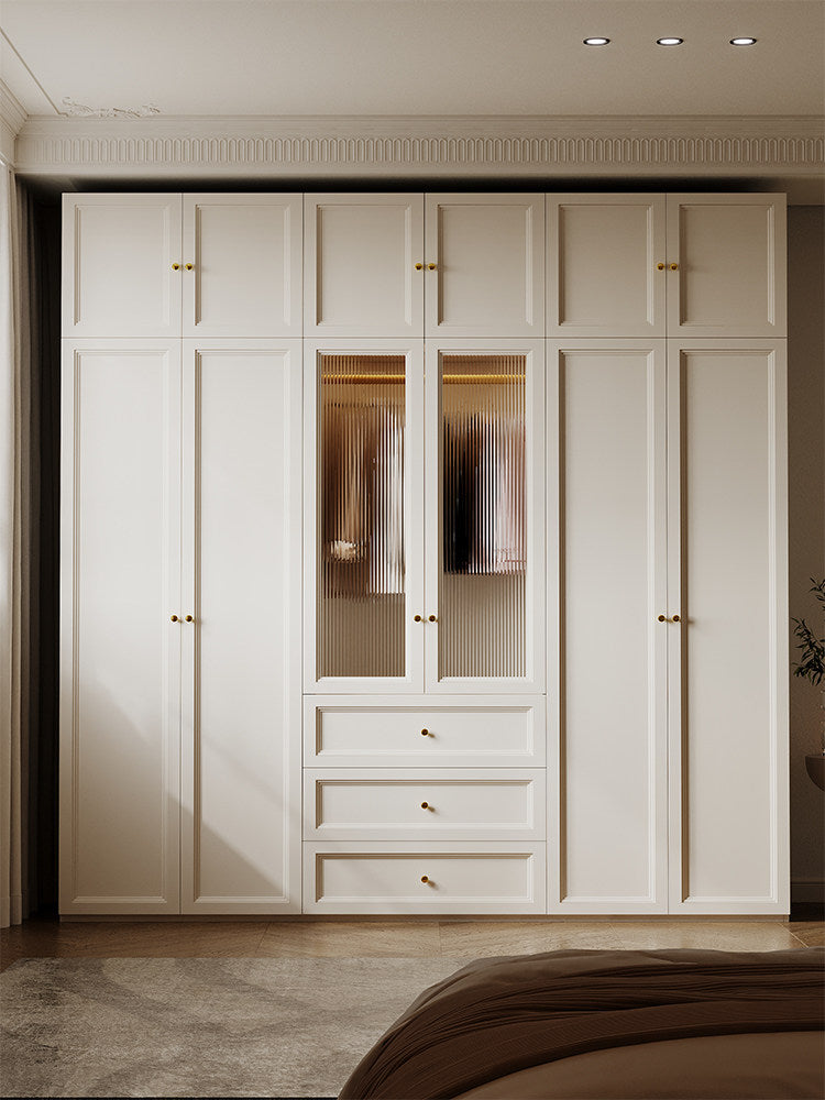 Solid Wood Wardrobe French Cream Style Modern Minimalist Home Bedroom Integrated Assembly Cabinet 4/5/6 Door Large Wardrobe