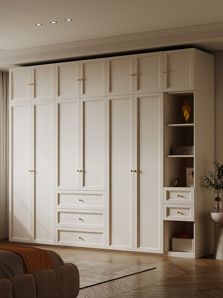 Solid Wood Wardrobe French Cream Style Modern Minimalist Home Bedroom Integrated Assembly Cabinet 4/5/6 Door Large Wardrobe