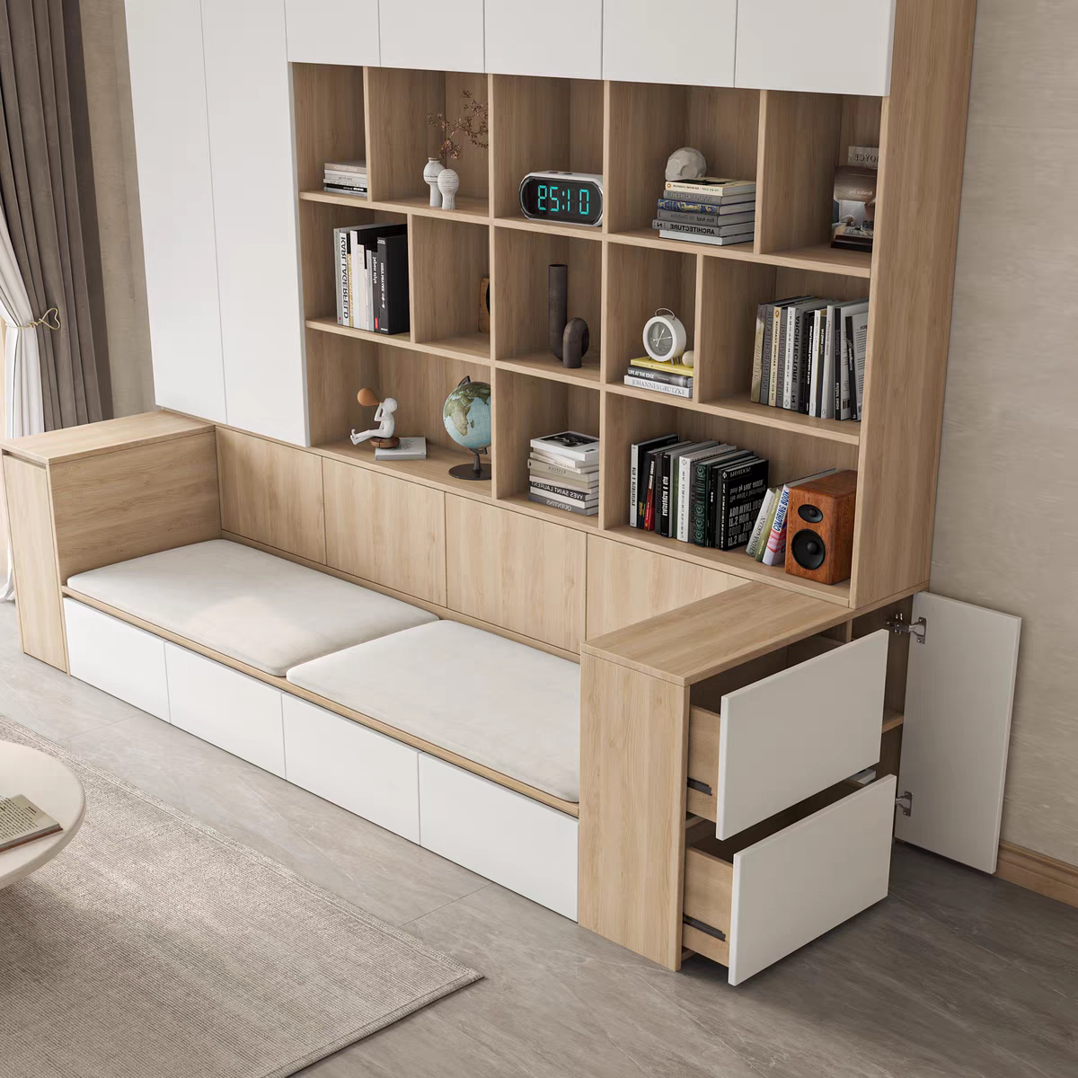 Sofa, bookshelf, integrated living room wall cabinet, bookcase combination, multi-functional household with booth seating, display shelf, background cabinet, storage cabinet