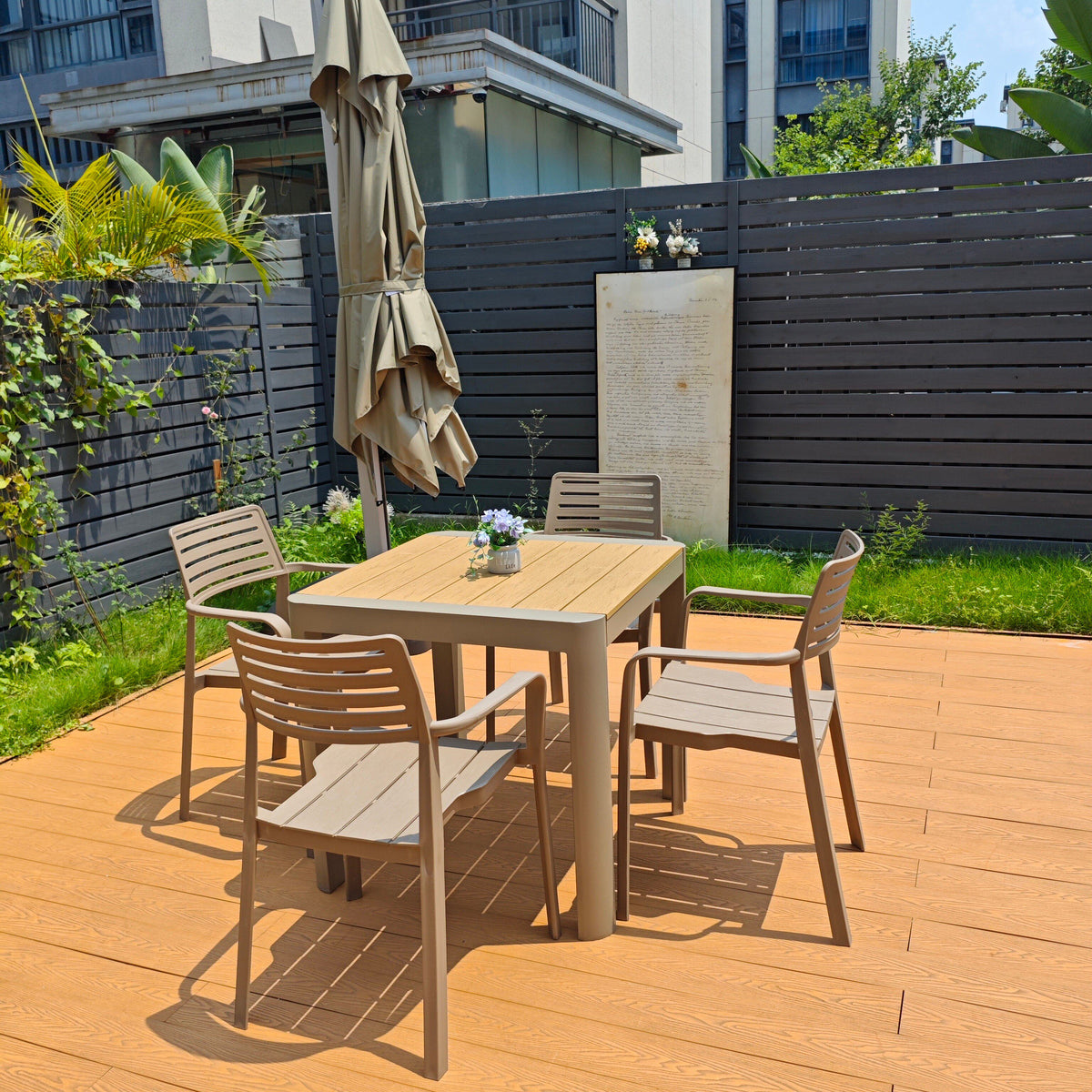 Outdoor tables and chairs, patio leisure set, suitable for homestays and commercial use, outdoor dining table, aluminum alloy and anti-corrosion wood, simple long table