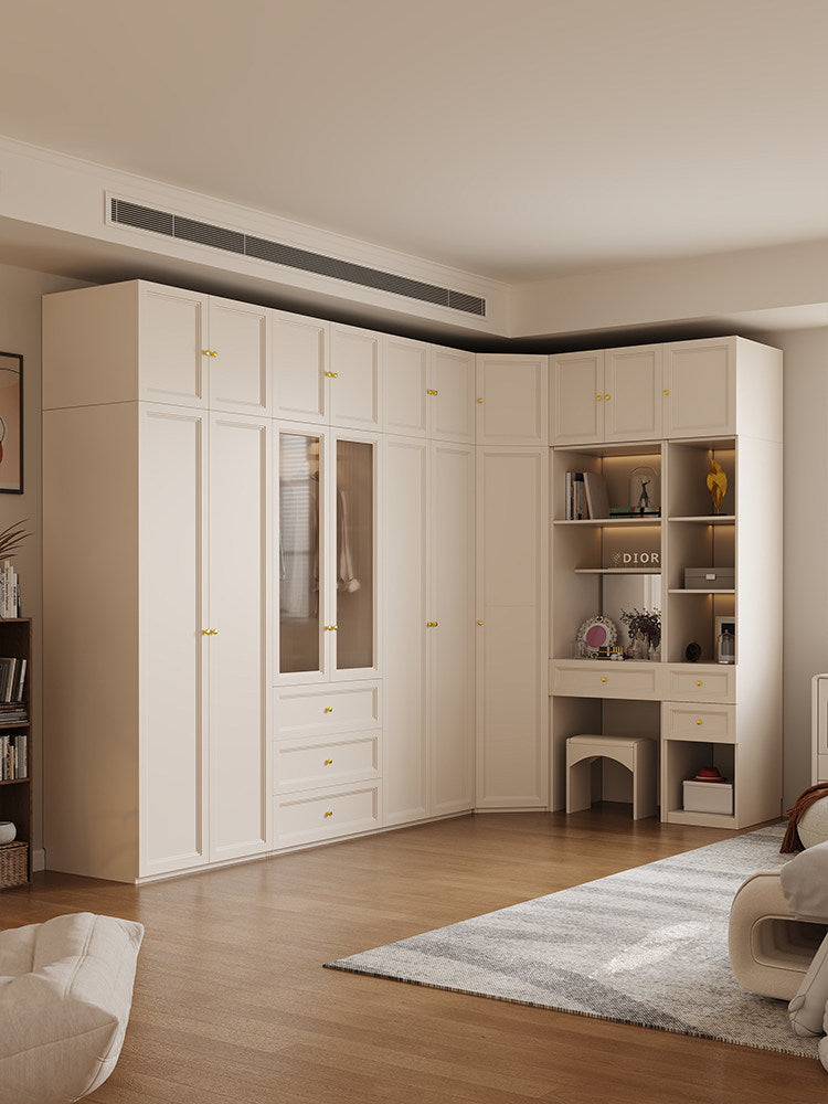 Solid Wood Wardrobe French Cream Style Modern Minimalist Home Bedroom Integrated Assembly Cabinet 4/5/6 Door Large Wardrobe