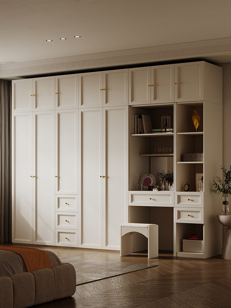 Solid Wood Wardrobe French Cream Style Modern Minimalist Home Bedroom Integrated Assembly Cabinet 4/5/6 Door Large Wardrobe
