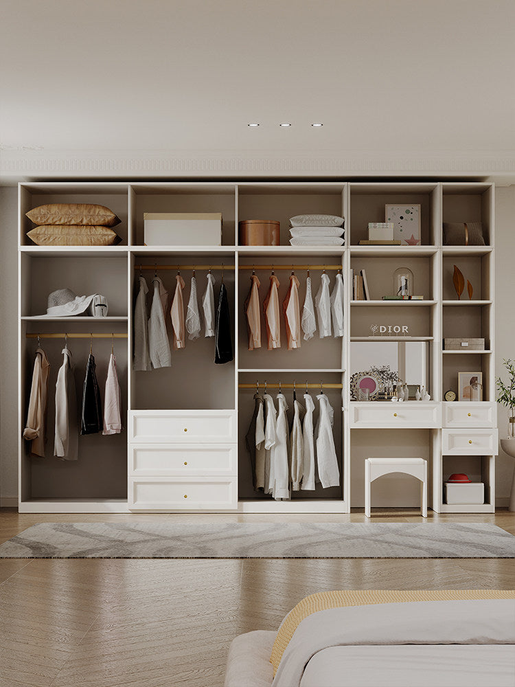 Solid Wood Wardrobe French Cream Style Modern Minimalist Home Bedroom Integrated Assembly Cabinet 4/5/6 Door Large Wardrobe