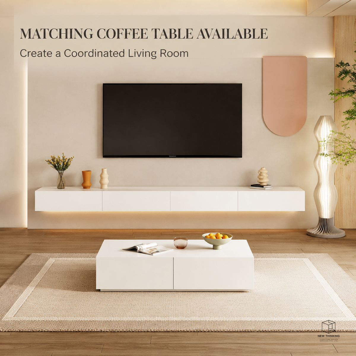 Warm White Floating TV Cabinet | Wall-Mounted TV Console | Matching Coffee Table