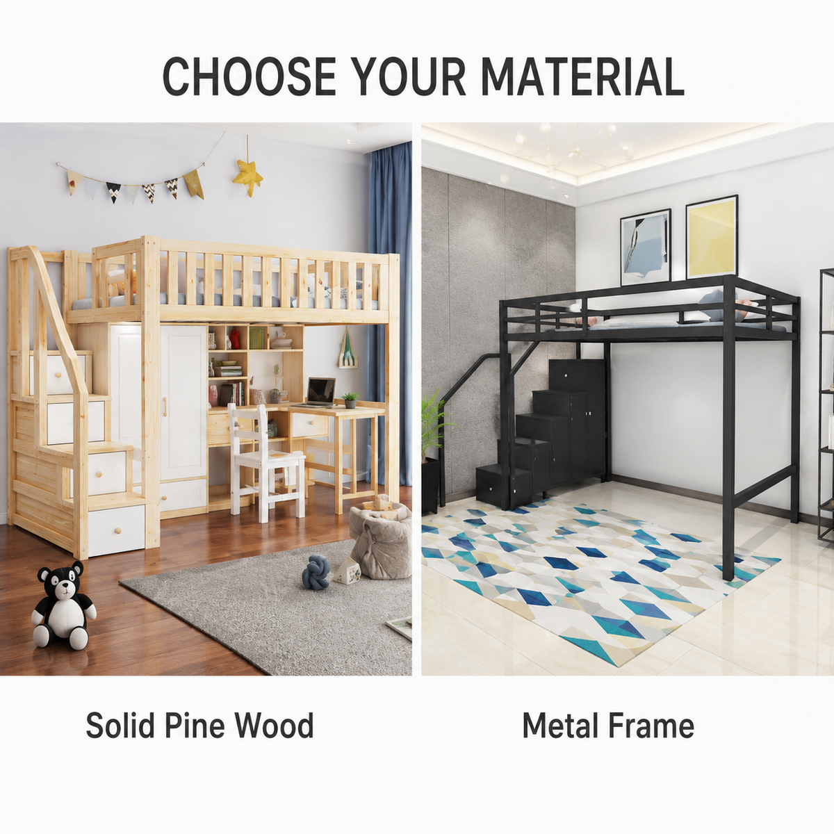 Custom Loft Bed with Staircase Storage | Wood or Metal High Sleeper Bed