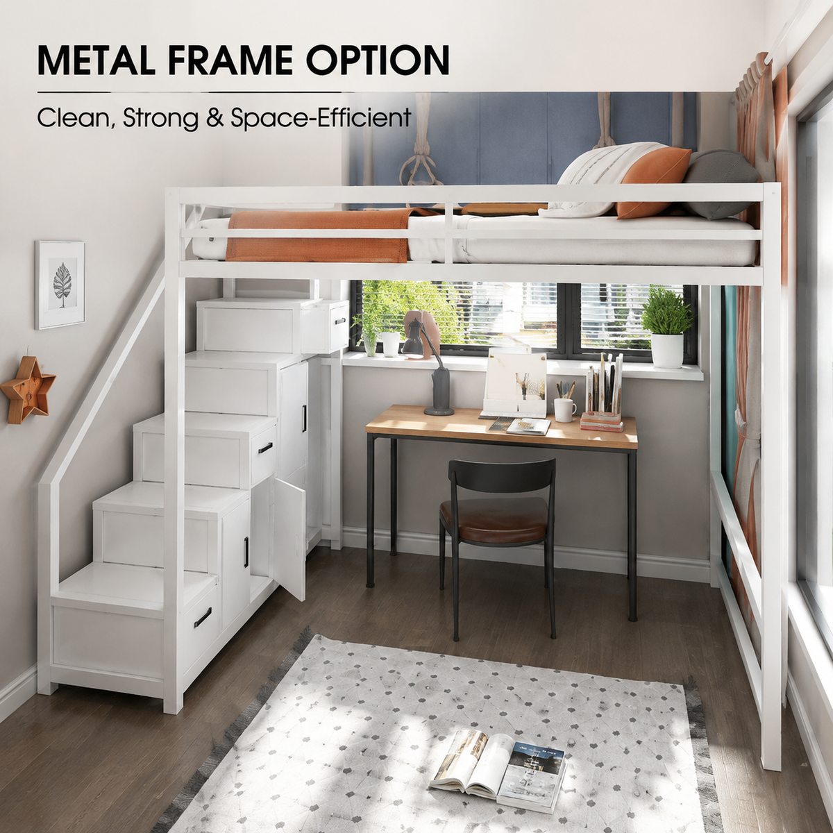 Custom Loft Bed with Staircase Storage | Wood or Metal High Sleeper Bed