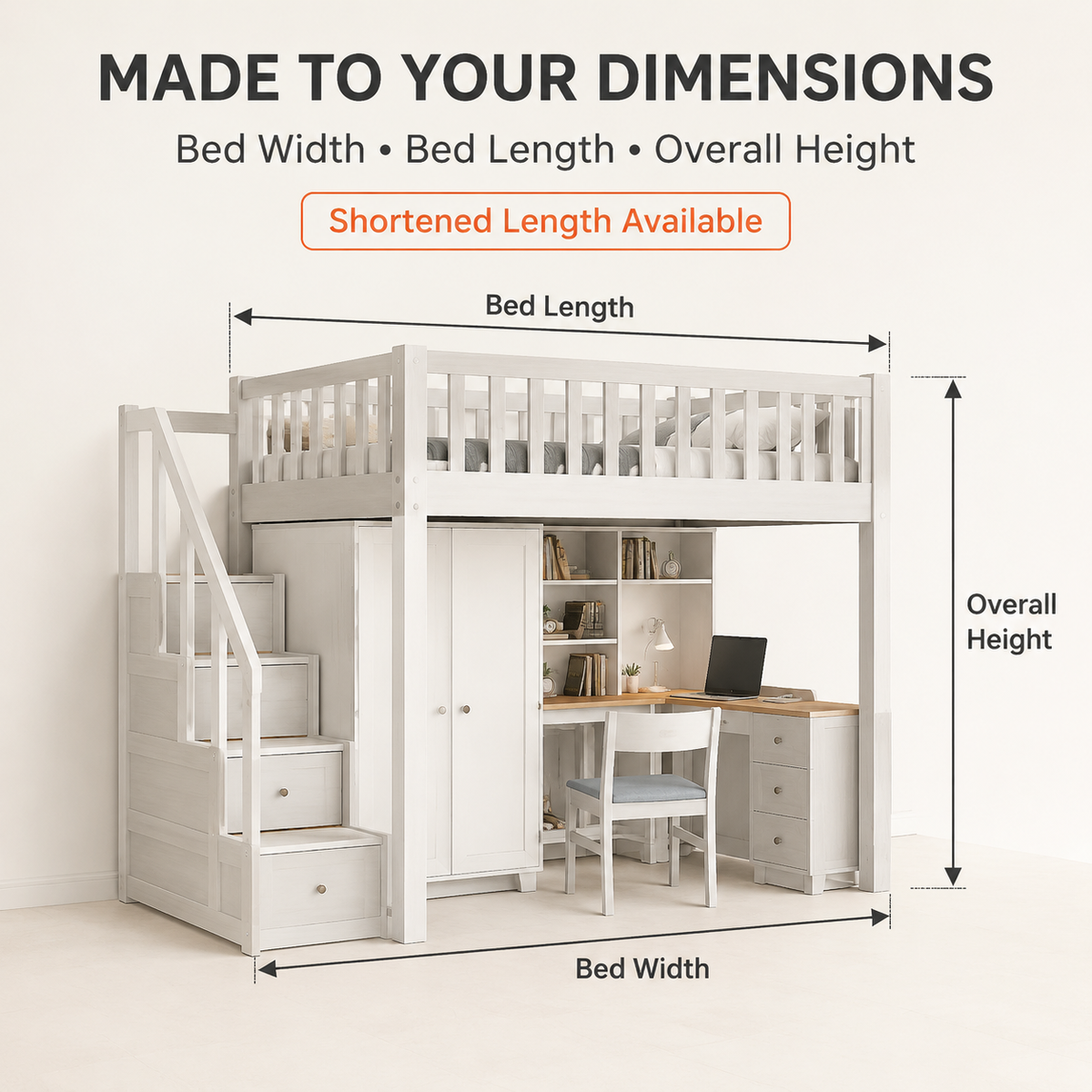 Custom Loft Bed with Staircase Storage | Wood or Metal High Sleeper Bed
